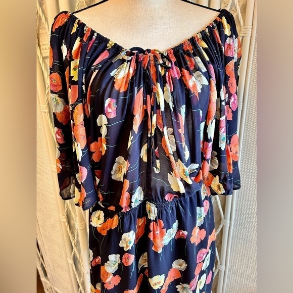Topshop Dress Blue Coral Floral Flutter Sleeve Elastic Waist Off Shoulder size 6 - Picture 4 of 16